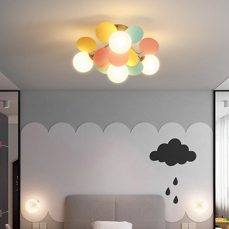 Circle Child Room Semi Flush Chandelier White Glass Creative Ceiling Light Fixture in White