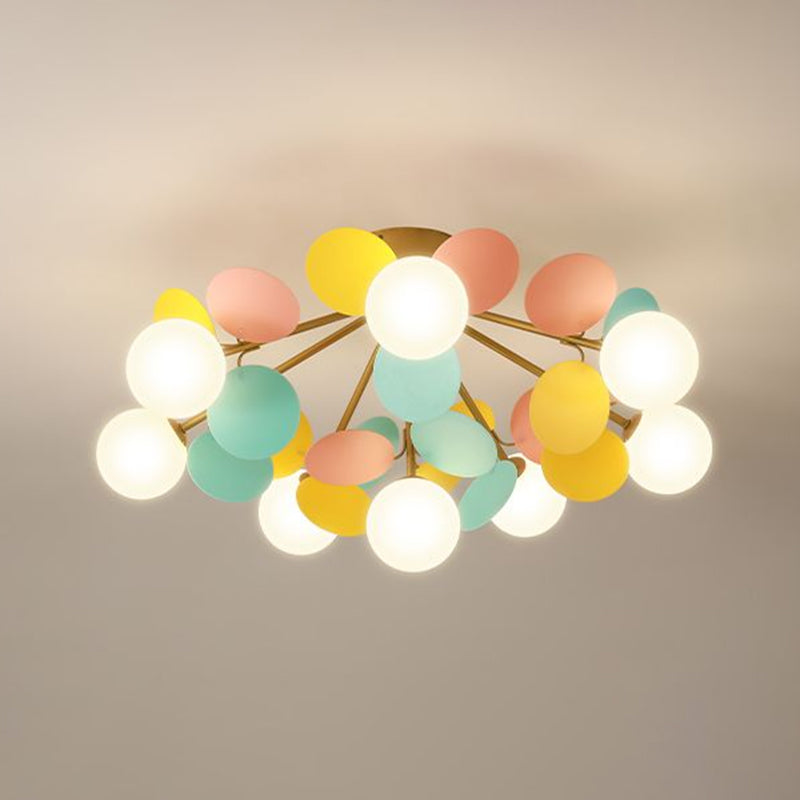 Circle Child Room Semi Flush Chandelier White Glass Creative Ceiling Light Fixture in White