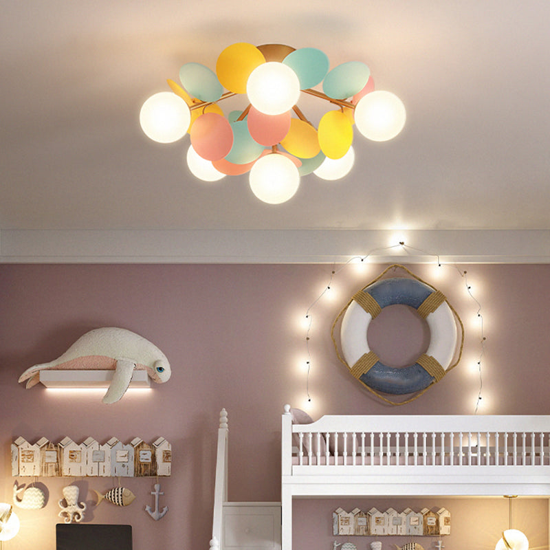 Circle Child Room Semi Flush Chandelier White Glass Creative Ceiling Light Fixture in White