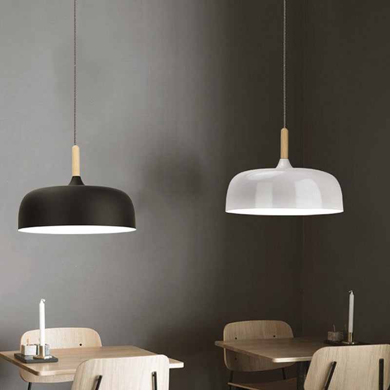 Aluminum Round Hanging Light Minimalist 1 Head Pendant Lighting with Wood Tip for Restaurant