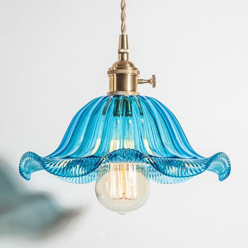 Vintage Ruffled Hanging Light Single Carved Glass Ceiling Pendant Lamp with Rotary Switch