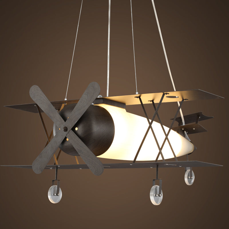 Black Biplane Hanging Lamp Childrens Frosted White Glass Suspension Pendant Light for Bedroom