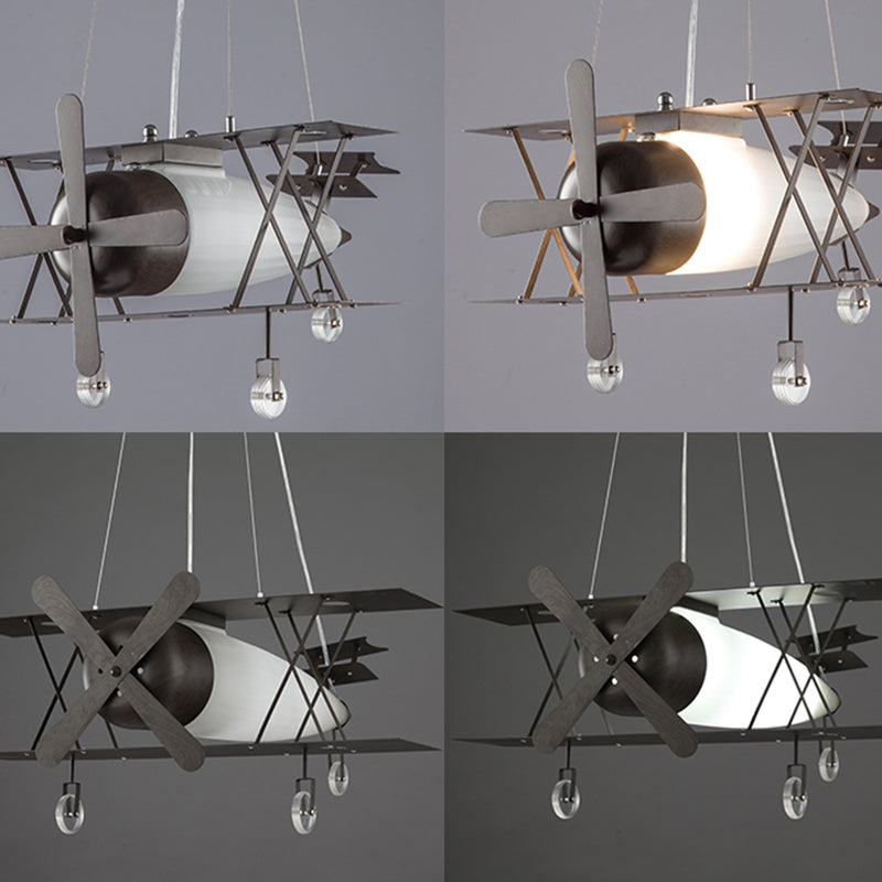 Black Biplane Hanging Lamp Childrens Frosted White Glass Suspension Pendant Light for Bedroom