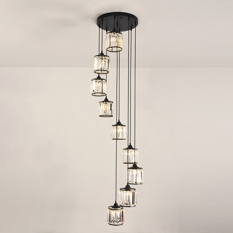 Prismatic Crystal Cylindrical Hanging Light Contemporary Cluster Pendant Light for Stairs