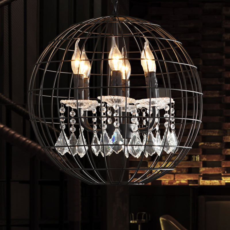 Spherical Wire Cage Iron Pendant Chandelier Rustic Restaurant Suspension Light in Black with Crystal Drops