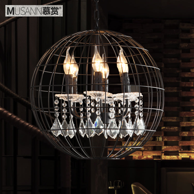 Spherical Wire Cage Iron Pendant Chandelier Rustic Restaurant Suspension Light in Black with Crystal Drops