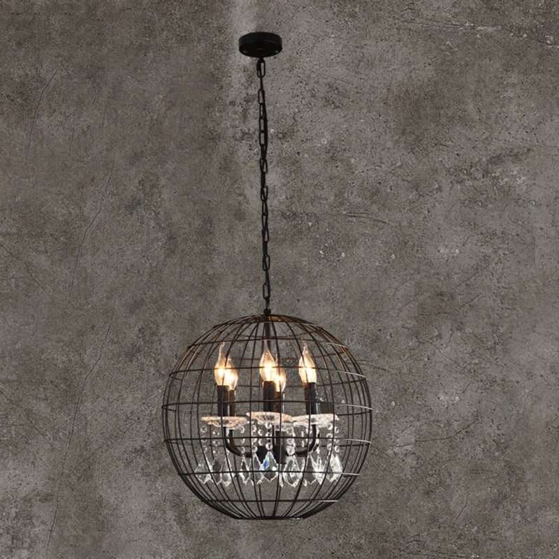 Spherical Wire Cage Iron Pendant Chandelier Rustic Restaurant Suspension Light in Black with Crystal Drops