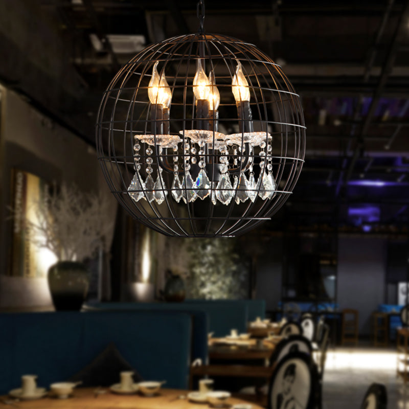 Spherical Wire Cage Iron Pendant Chandelier Rustic Restaurant Suspension Light in Black with Crystal Drops