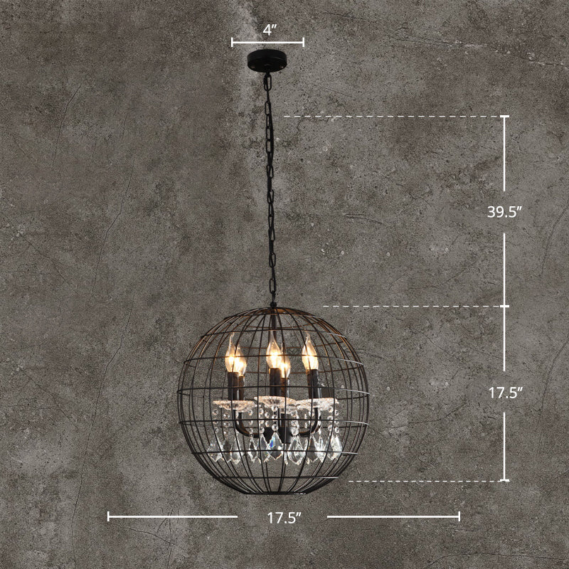 Spherical Wire Cage Iron Pendant Chandelier Rustic Restaurant Suspension Light in Black with Crystal Drops