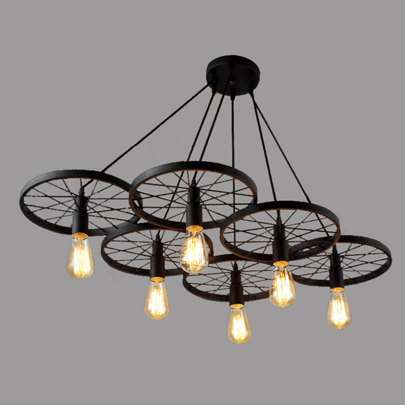 Metal Wagon Wheel Pendant Lamp Industrial Restaurant Hanging Light Fixture in Black