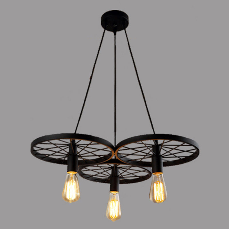 Metal Wagon Wheel Pendant Lamp Industrial Restaurant Hanging Light Fixture in Black