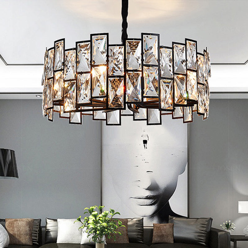 Livre à 6 légers Chandelier Pendant le pendentif noir moderne avec ombre de cristal de tambour