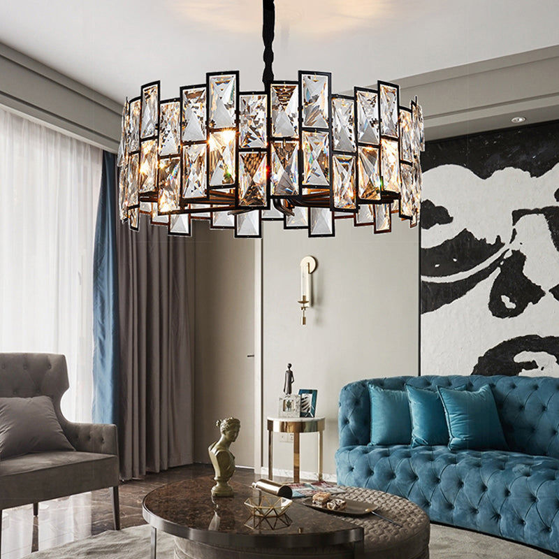 Livre à 6 légers Chandelier Pendant le pendentif noir moderne avec ombre de cristal de tambour