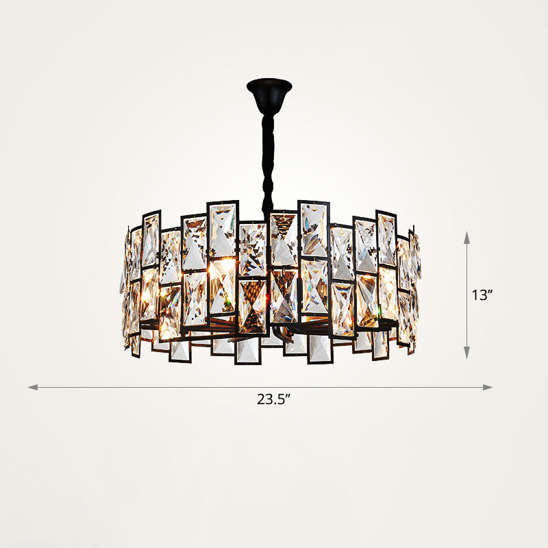 Livre à 6 légers Chandelier Pendant le pendentif noir moderne avec ombre de cristal de tambour