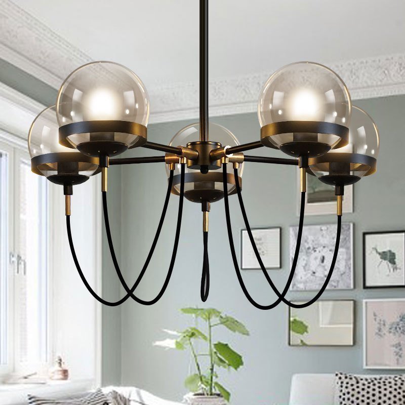 Country Style Ball Chandelier Cognac Glass Suspension Pendant Light with Swoop Arm