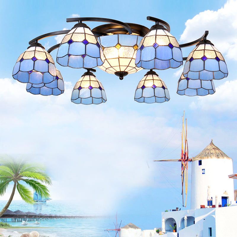 Gridded Glass Semi Flush Mount Light Scalloped Edge Mediterranean Style Close to Ceiling Light