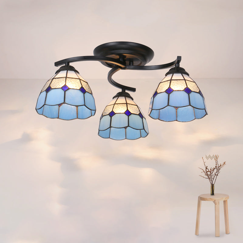 Gridded Glass Semi Flush Mount Light Scalloped Edge Mediterranean Style Close to Ceiling Light