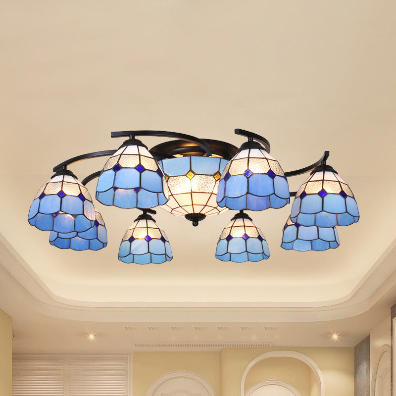 Gridded Glass Semi Flush Mount Light Scalloped Edge Mediterranean Style Close to Ceiling Light