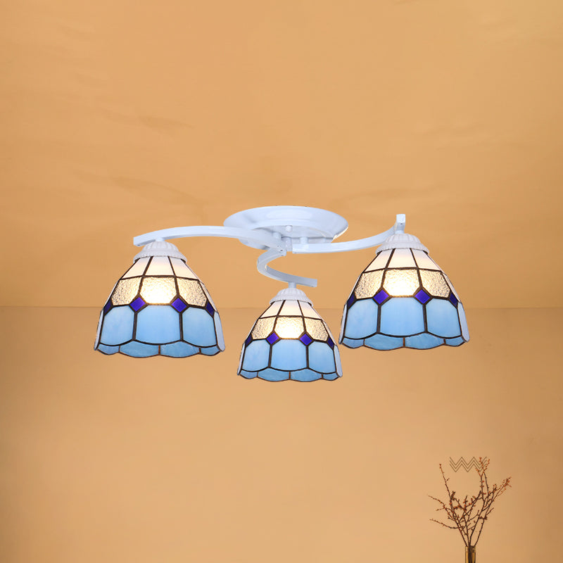 Gridded Glass Semi Flush Mount Light Scalloped Edge Mediterranean Style Close to Ceiling Light