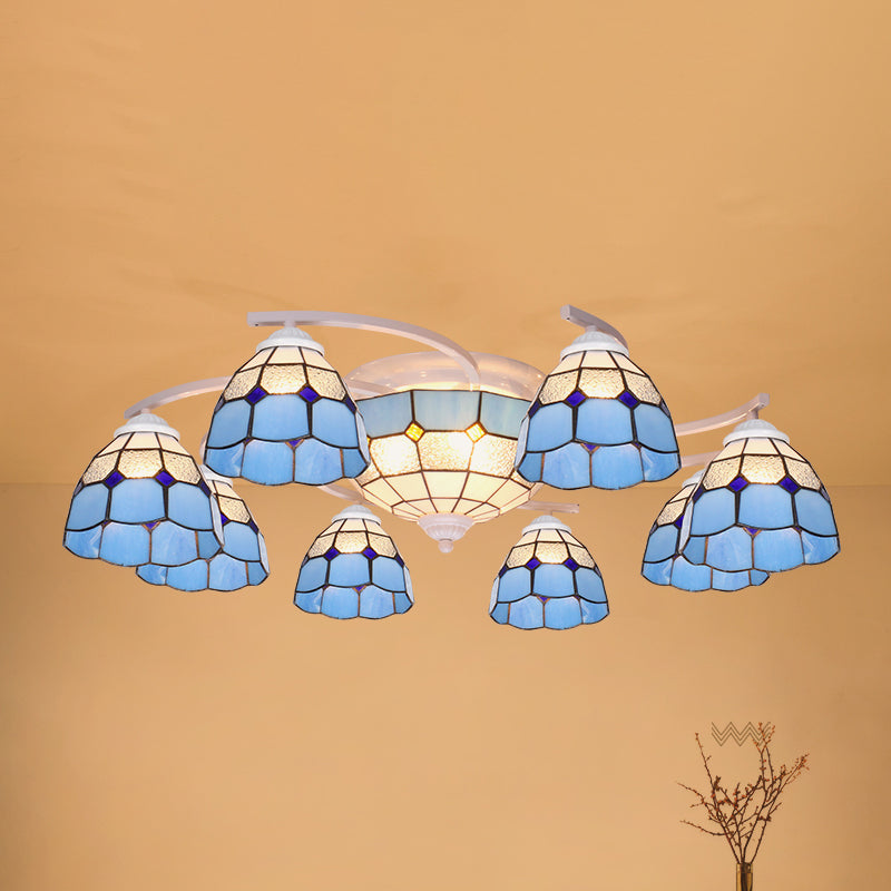 Gridded Glass Semi Flush Mount Light Scalloped Edge Mediterranean Style Close to Ceiling Light