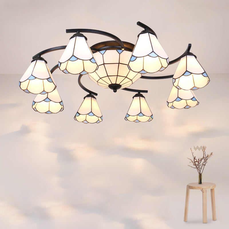 Gridded Glass Semi Flush Mount Light Scalloped Edge Mediterranean Style Close to Ceiling Light