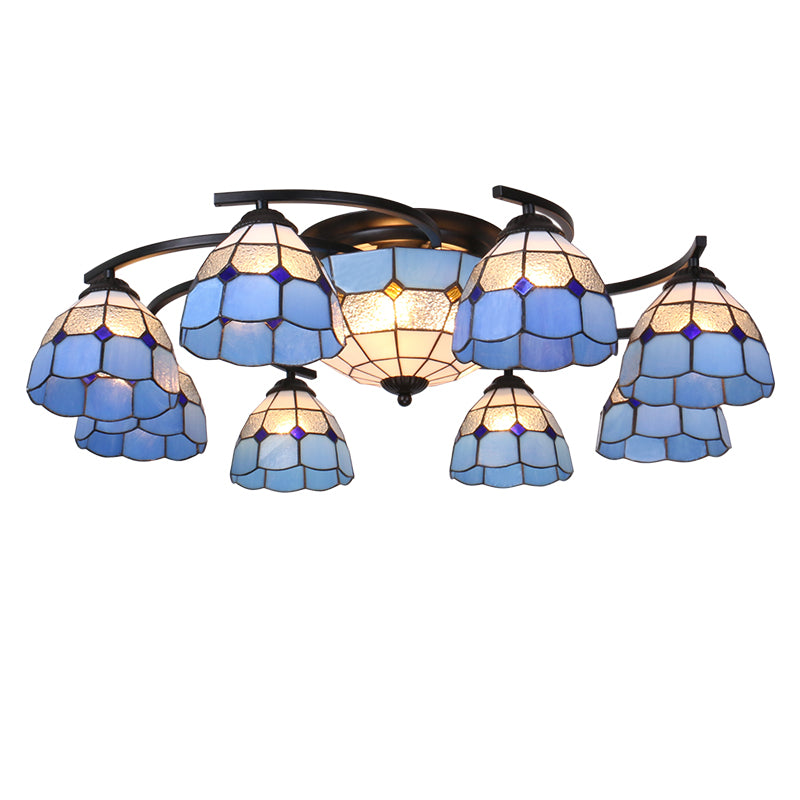 Gridded Glass Semi Flush Mount Light Scalloped Edge Mediterranean Style Close to Ceiling Light