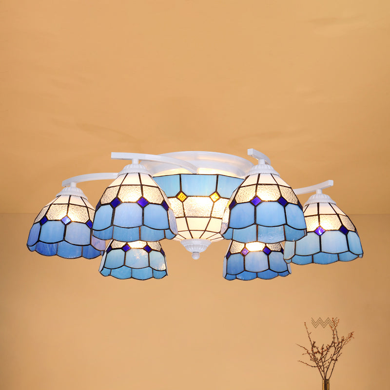 Gridded Glass Semi Flush Mount Light Scalloped Edge Mediterranean Style Close to Ceiling Light