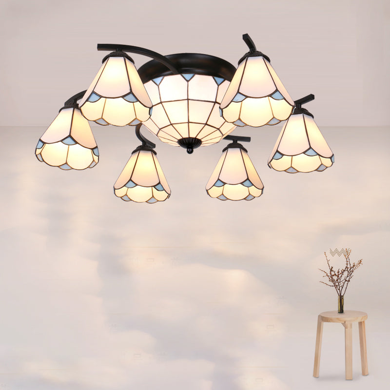 Gridded Glass Semi Flush Mount Light Scalloped Edge Mediterranean Style Close to Ceiling Light