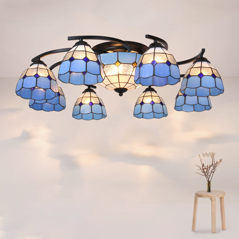 Gridded Glass Semi Flush Mount Light Scalloped Edge Mediterranean Style Close to Ceiling Light