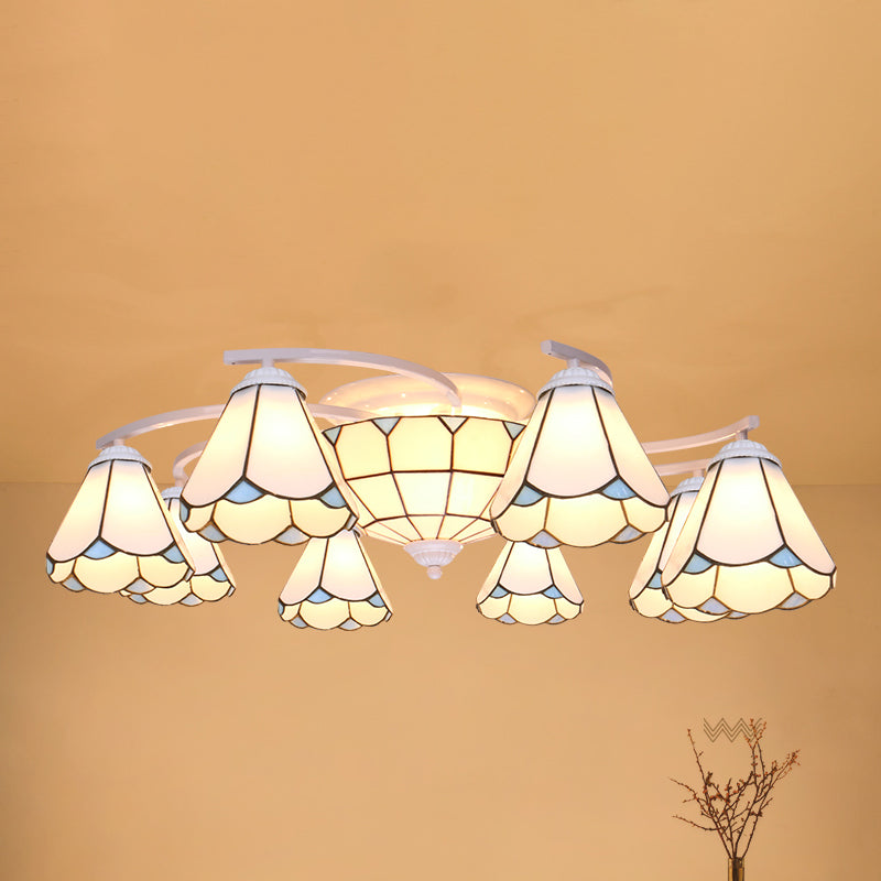 Gridded Glass Semi Flush Mount Light Scalloped Edge Mediterranean Style Close to Ceiling Light