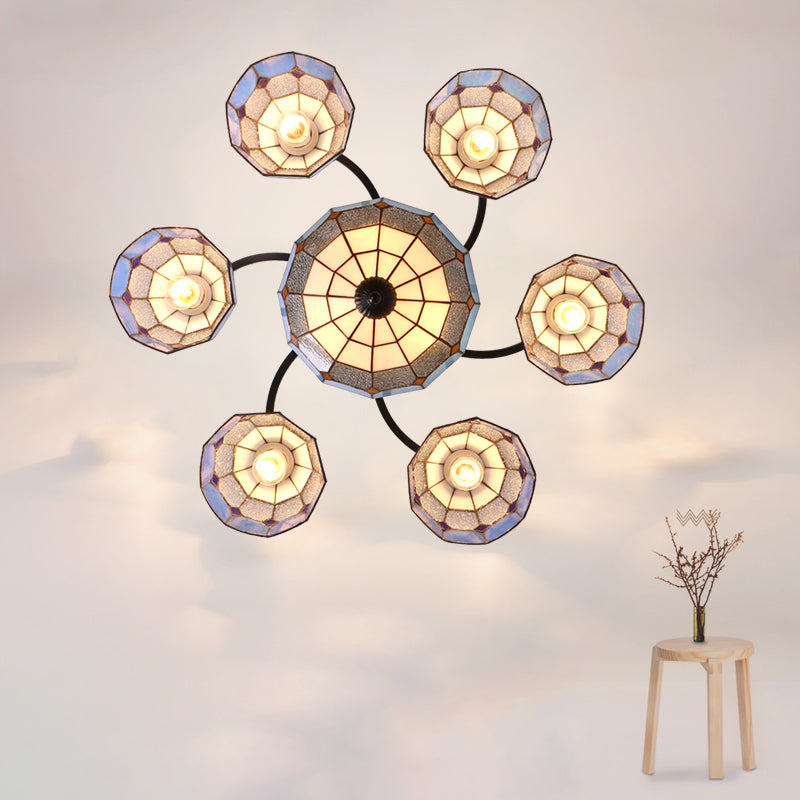 Gridded Glass Semi Flush Mount Light Scalloped Edge Mediterranean Style Close to Ceiling Light