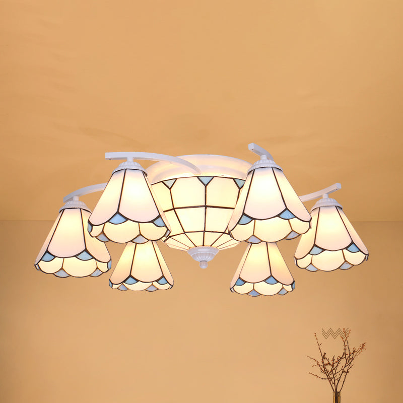 Gridded Glass Semi Flush Mount Light Scalloped Edge Mediterranean Style Close to Ceiling Light