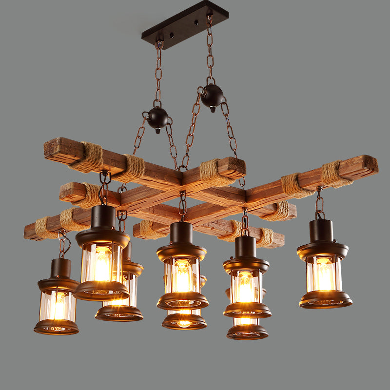 8 Lights Chandelier Nautical Pub Suspension Lighting with Lantern Clear Glass Shade in Wood