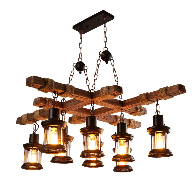 8 Lights Chandelier Nautical Pub Suspension Lighting with Lantern Clear Glass Shade in Wood