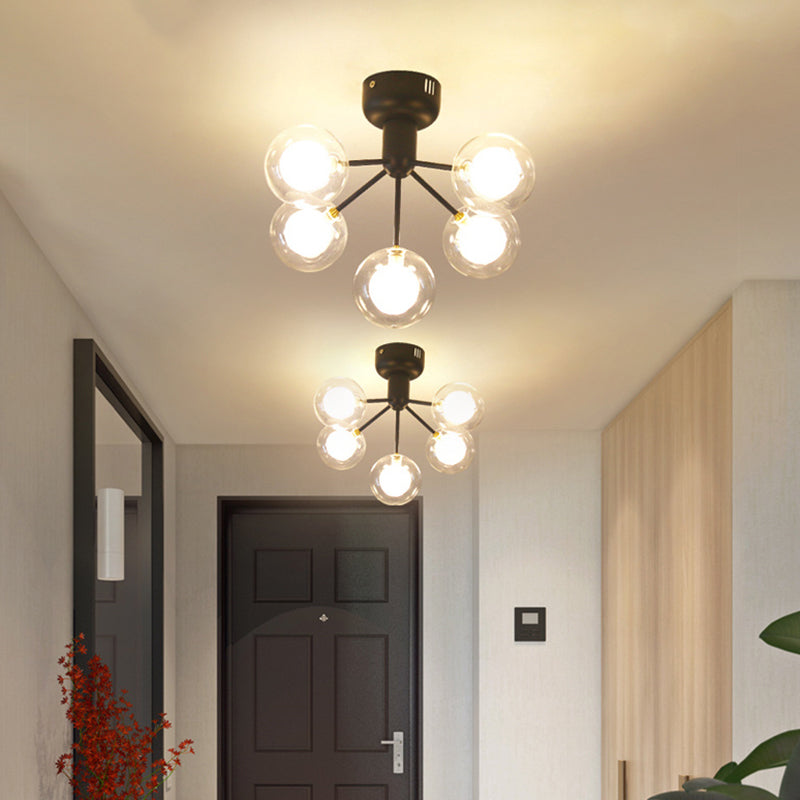 Clear and Frosted Glass Molecule Ceiling Fixture Minimalistic 5-Head Semi Flush Mount Light for Corridor