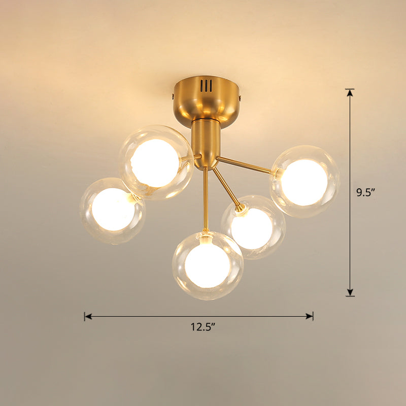 Clear and Frosted Glass Molecule Ceiling Fixture Minimalistic 5-Head Semi Flush Mount Light for Corridor