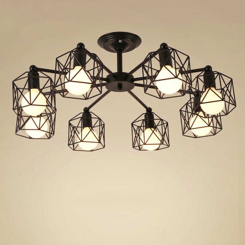 Metal Wire Black Ceiling Light Hexagon Cage Vintage Chandelier Lighting for Living Room