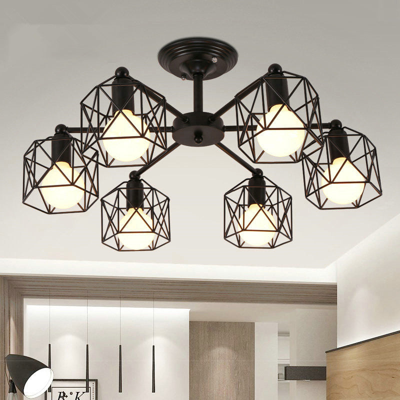 Metal Wire Black Ceiling Light Hexagon Cage Vintage Chandelier Lighting for Living Room