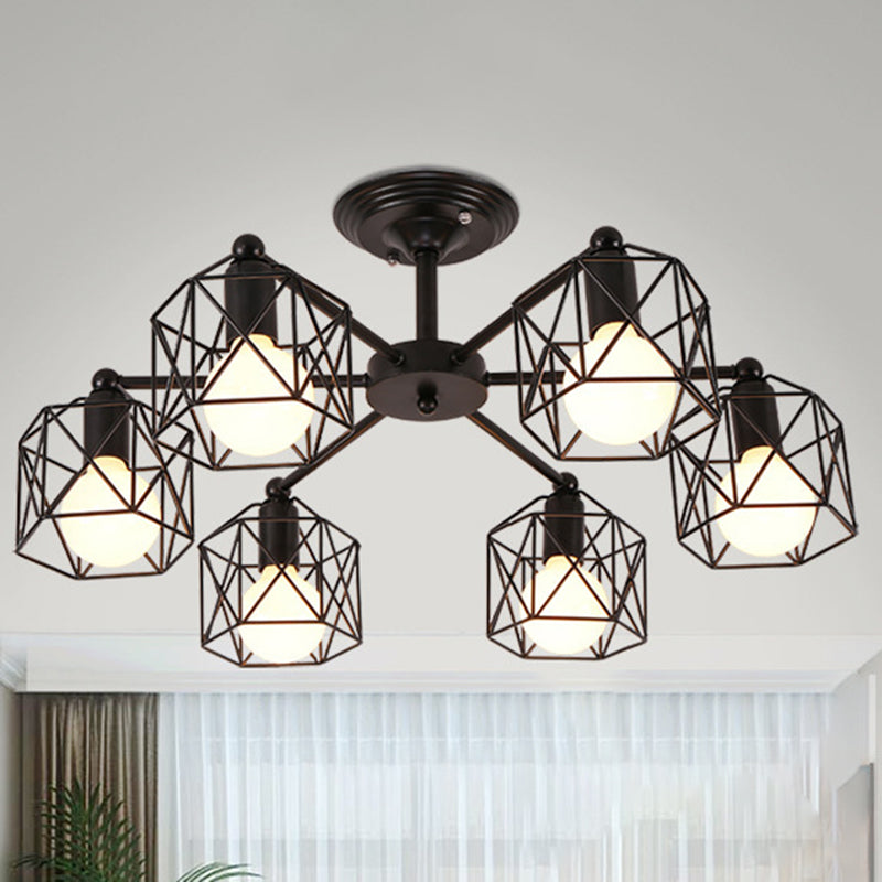 Metal Wire Black Ceiling Light Hexagon Cage Vintage Chandelier Lighting for Living Room