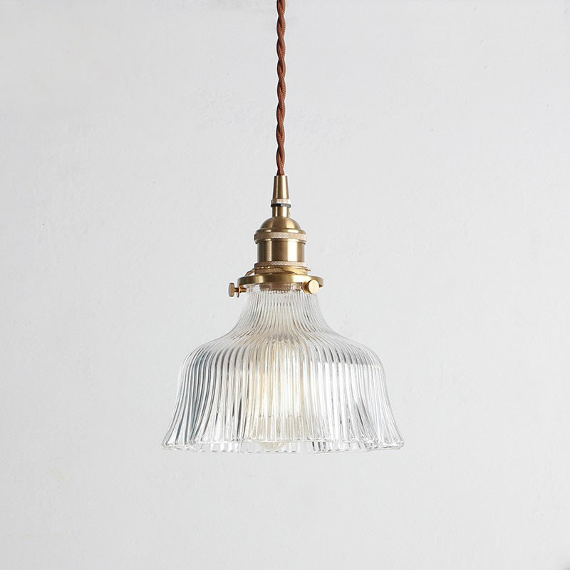 Pleated Clear Glass Pendant Lamp Nautical 1-Light Restaurant Ceiling Light in Brass