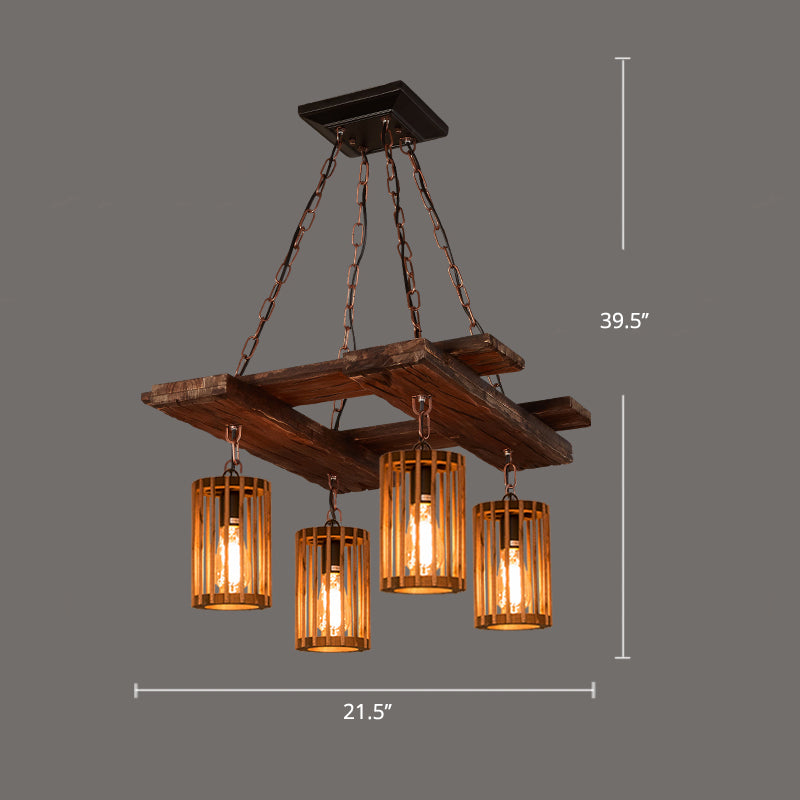 Farmhouse Cylindrical Cage Chandelier Light Wooden Hanging Lamp Kit for Dining Room