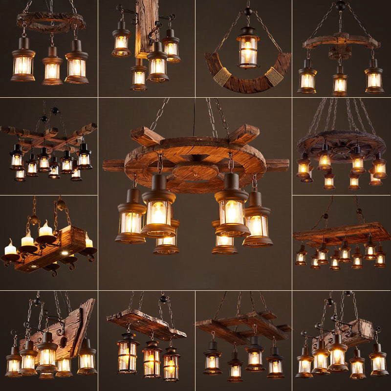 Nautical Style Lantern Chandelier Lamp Wooden Ceiling Pendant Light for Restaurant