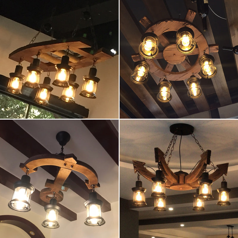 Nautical Style Lantern Chandelier Lamp Wooden Ceiling Pendant Light for Restaurant