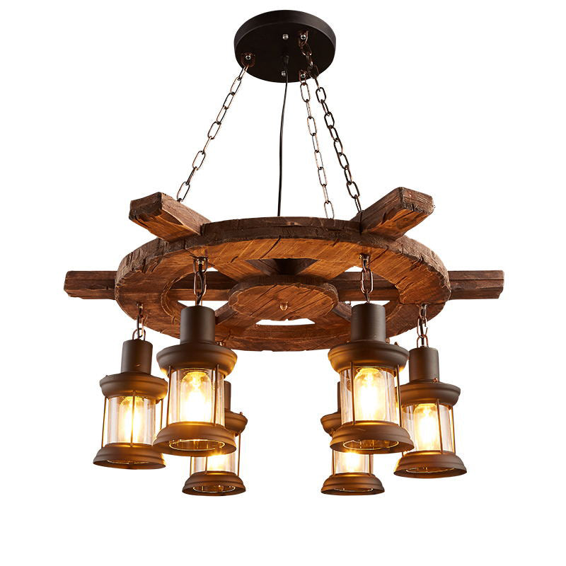 Nautical Style Lantern Chandelier Lamp Wooden Ceiling Pendant Light for Restaurant