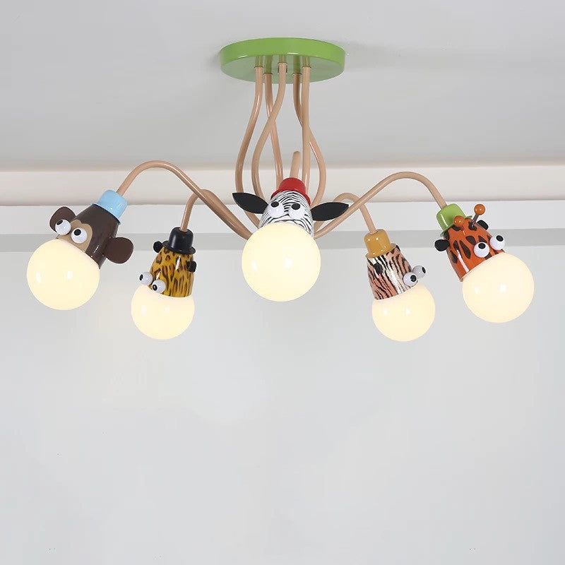 Exposed Bulb Flush Mount Fixture Cartoon Metal Orange Semi Flush Ceiling Light with Animal Decoration