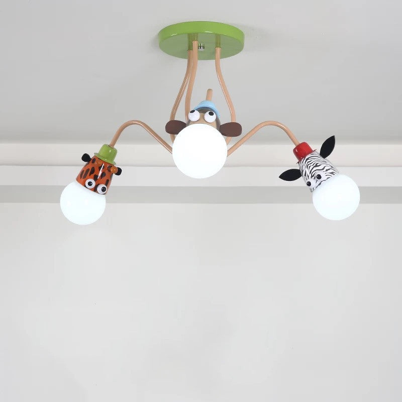 Exposed Bulb Flush Mount Fixture Cartoon Metal Orange Semi Flush Ceiling Light with Animal Decoration