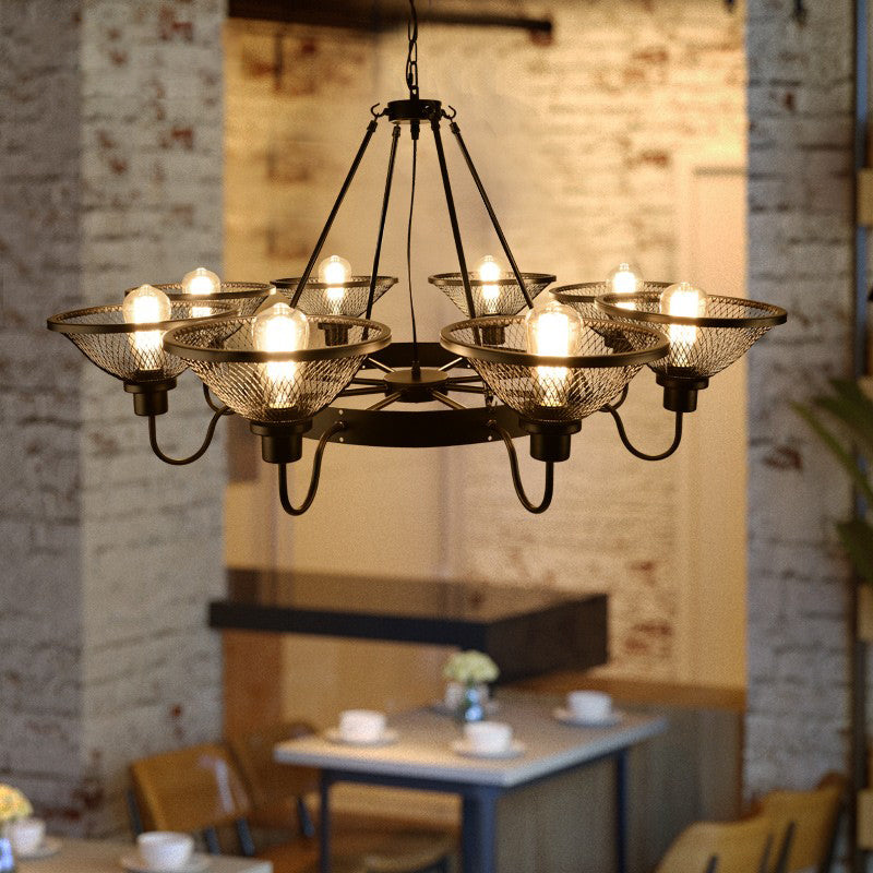 Conical Mesh Shade Chandelier Industrial Black Metallic Suspended Lighting Fixture for Restaurant