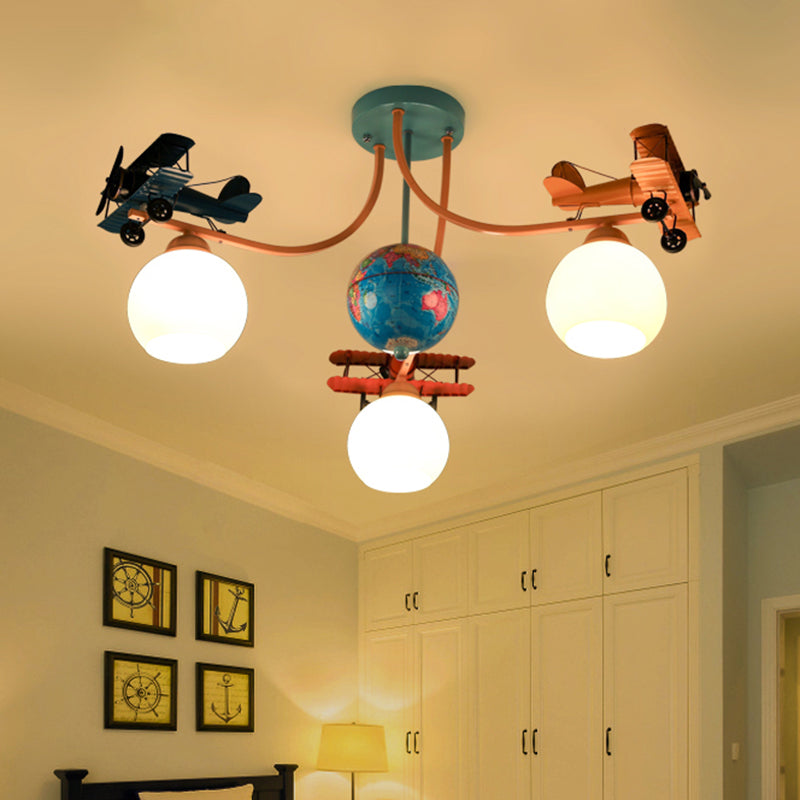 Cream Glass Dome Pendant Lamp Kids 3-Light Blue Ceiling Light with Geographic Globe and Airplane Deco