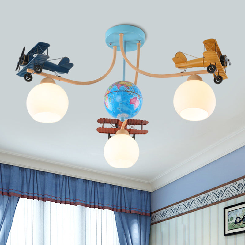 Cream Glass Dome Pendant Lamp Kids 3-Light Blue Ceiling Light with Geographic Globe and Airplane Deco