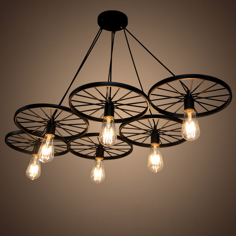 Black Wheel Chandelier Lighting Industrial Metal Living Room Hanging Light Fixture